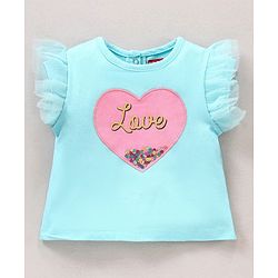 Babyhug Half Sleeves Tee With Heart Applique Sequins and Mesh Frill Detailing - Blue