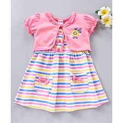 Babyhug Stripe Frock With Puff Sleeves Shrug Flower Embroidery - Pink Multicolour