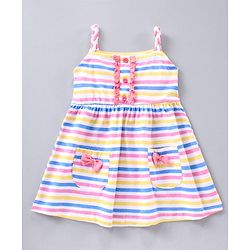 Babyhug Stripe Frock With Puff Sleeves Shrug Flower Embroidery - Pink Multicolour
