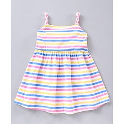 Babyhug Stripe Frock With Puff Sleeves Shrug Flower Embroidery - Pink Multicolour