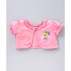 Babyhug Stripe Frock With Puff Sleeves Shrug Flower Embroidery - Pink Multicolour