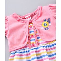 Babyhug Stripe Frock With Puff Sleeves Shrug Flower Embroidery - Pink Multicolour