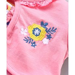 Babyhug Stripe Frock With Puff Sleeves Shrug Flower Embroidery - Pink Multicolour