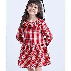 Babyhug Full Sleeves Frilled Lurex Checked Frock - Red
