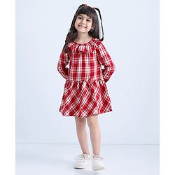 Babyhug Full Sleeves Frilled Lurex Checked Frock - Red