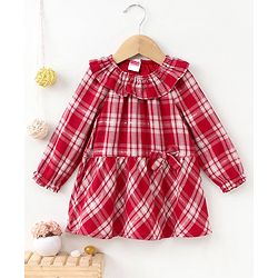 Babyhug Full Sleeves Frilled Lurex Checked Frock - Red