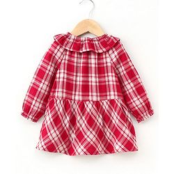 Babyhug Full Sleeves Frilled Lurex Checked Frock - Red