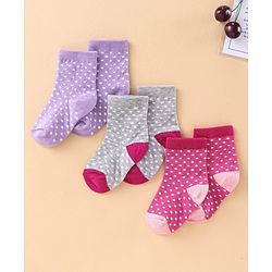 Cute Walk by Babyhug Ankle Length Antibacterial Socks Polka Dot Design Pack of 3 - Pink Purple Grey