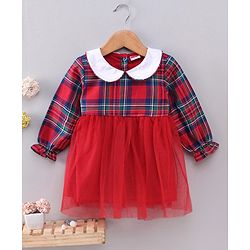 Babyhug Full Sleeves Frock Checked Print  - Red