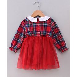Babyhug Full Sleeves Frock Checked Print  - Red