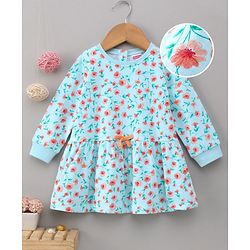 Babyhug Full Sleeves Knee Length Frock Floral Print - Blue