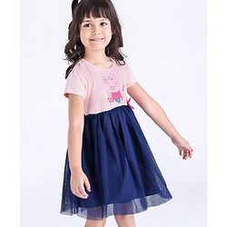 Babyhug Half Sleeves Fit and Flare One Piece Frock with Mesh Peppa Pig Print - Pink