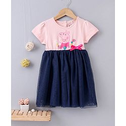 Babyhug Half Sleeves Fit and Flare One Piece Frock with Mesh Peppa Pig Print - Pink