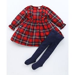 Babyhug Yarn Dyed Checked Frock with Stockings - Multicolour