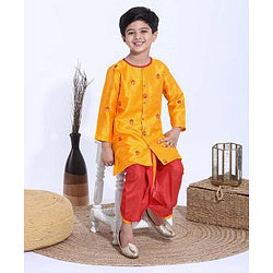 Babyhug Full Sleeves Kurta & Dhoti Set Floral Embroidery - Yellow & Red