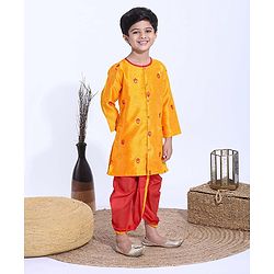 Babyhug Full Sleeves Kurta & Dhoti Set Floral Embroidery - Yellow & Red