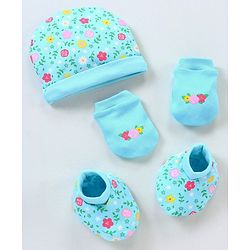 Babyhug 100% Cotton Cap Mitten Booties Set - Blue